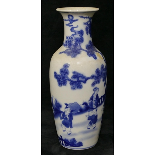 98 - An Oriental blue and white round bulbous thin necked trumpet shaped vase with figure and garden deco... 