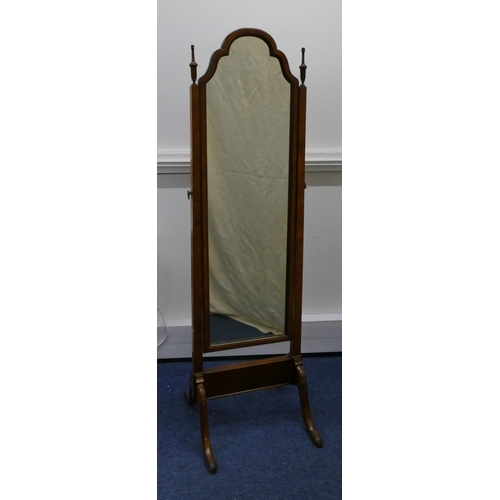 709 - A burr walnut swing cheval mirror with scallop shaped top and turned finial, 4 splayed legs, 163.5cm... 