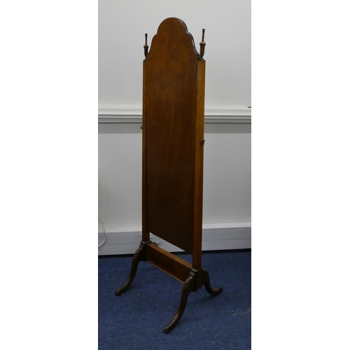 709 - A burr walnut swing cheval mirror with scallop shaped top and turned finial, 4 splayed legs, 163.5cm... 