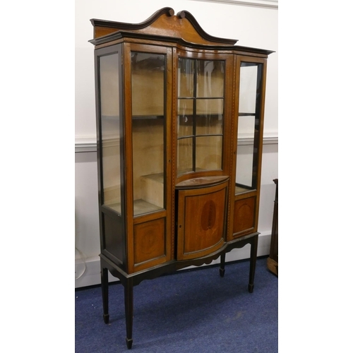 712 - An Edwardian mahogany display cabinet with swan necked top, allover inlaid boxing and stringing, con... 