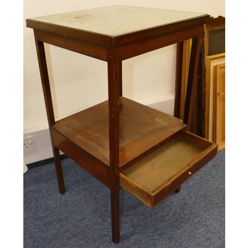 715 - A 19th Century mahogany square washstand with tapestry and glass top with under tier and set with si... 