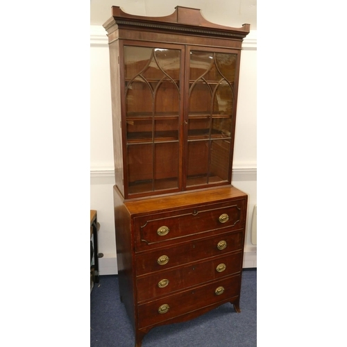 726 - A George III small mahogany secretaire bookcase with 2 astrical glazed doors enclosing adjustable sh... 