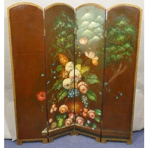 733 - A 4-fold painted screen with arched top, gilt metal studs, painted floral centre, plain to back, 180... 