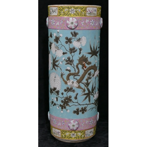 125 - A 19th Century Chinese cylindrical umbrella stand on pale blue, yellow, pink and white ground with m... 