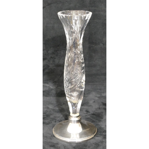 330 - A cut glass round trumpet shaped spill vase with Birmingham silver round splayed base, 22.5cm high