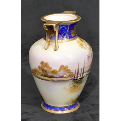 47 - A Noritake round bulbous 2-handled thin necked vase with multi-coloured river, landscape and gilt de... 