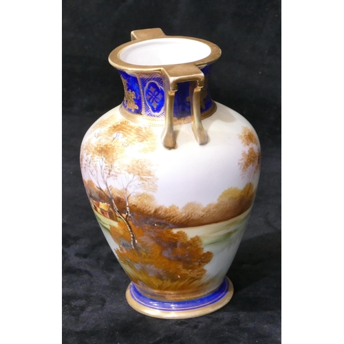 47 - A Noritake round bulbous 2-handled thin necked vase with multi-coloured river, landscape and gilt de... 