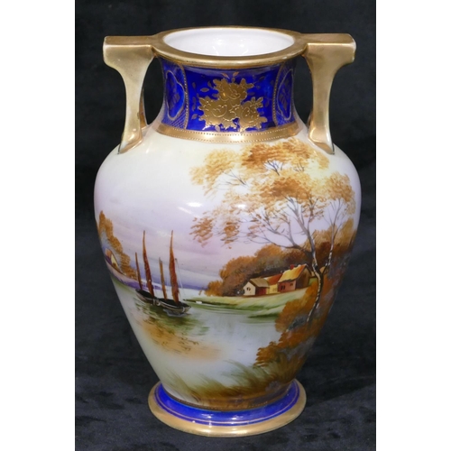 47 - A Noritake round bulbous 2-handled thin necked vase with multi-coloured river, landscape and gilt de... 