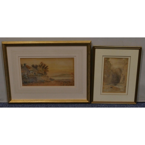 194 - A watercolour depicting thatched cottage overlooking lake, unsigned, in gilt frame, 17 x 31cm and a ... 