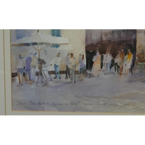 151 - Michael Chaplin watercolour depicting figures in courtyard, signed, in gilt frame, 33 x 48cm.