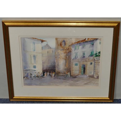 151 - Michael Chaplin watercolour depicting figures in courtyard, signed, in gilt frame, 33 x 48cm.