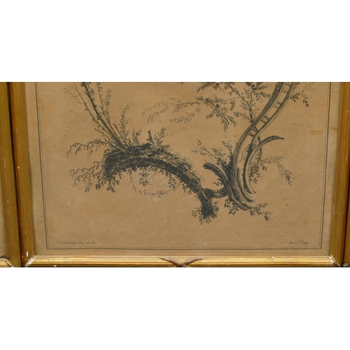 184 - A set of 3 J. Pillement black and white prints with floral, fence and scroll decoration, all in gilt... 