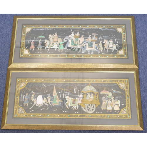 170 - A pair of Eastern Mogul pictures depicting procession, in gilt frames, 37 x 100cm.