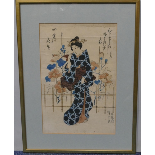 148 - 2 19th Century Oriental coloured woodblock prints depicting standing ladies, both signed, in gilt fr... 