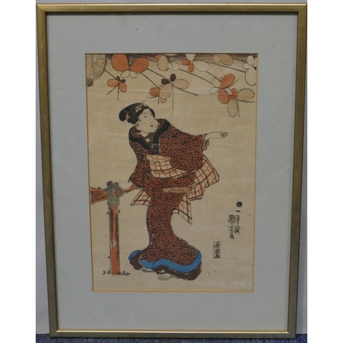 148 - 2 19th Century Oriental coloured woodblock prints depicting standing ladies, both signed, in gilt fr... 