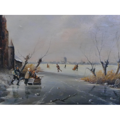 164 - A 19th Century Dutch oil on board depicting ruins with figures skating on ice, windmill and building... 