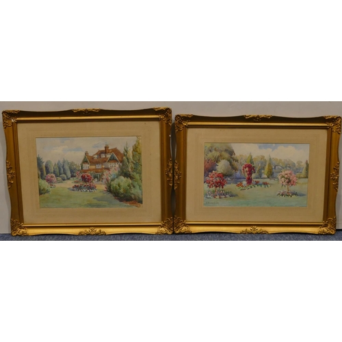 202 - Ellen Bass-Smith pair of watercolours depicting gardens, both signed in gilt frames, 22cm x 32.5cm