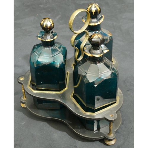 143 - A set of 3 19th Century cut glass turquoise green decanters with chamfer corners, all with stoppers ... 