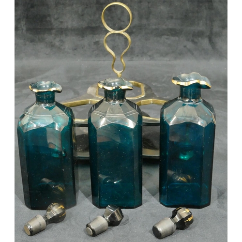 143 - A set of 3 19th Century cut glass turquoise green decanters with chamfer corners, all with stoppers ... 