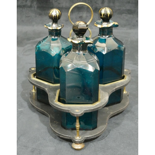 143 - A set of 3 19th Century cut glass turquoise green decanters with chamfer corners, all with stoppers ... 