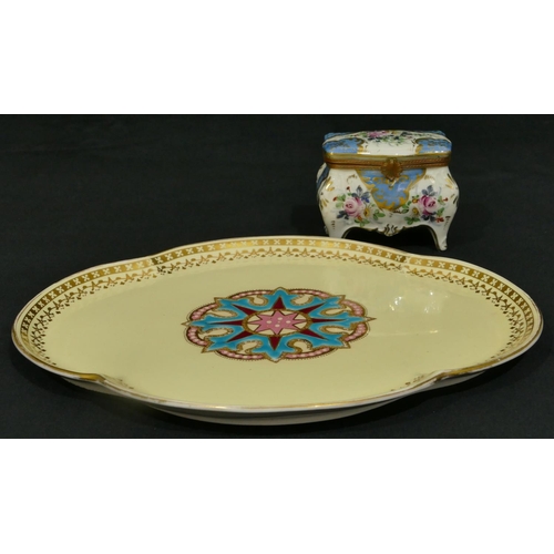 145 - A French porcelain trinket box on white and pale blue ground with multi-coloured floral, leaf and gi... 