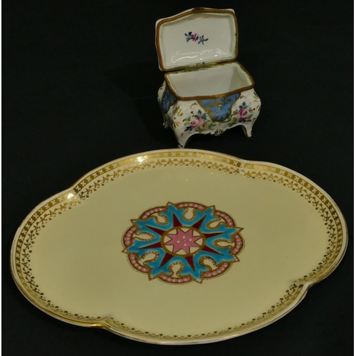 145 - A French porcelain trinket box on white and pale blue ground with multi-coloured floral, leaf and gi... 