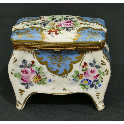 145 - A French porcelain trinket box on white and pale blue ground with multi-coloured floral, leaf and gi... 