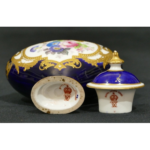 146 - A Royal Crown Derby miniature bulbous thin necked 2-handled lidded vase on Royal blue ground and han... 