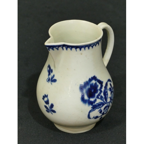 147 - An 18th Century Worcester blue and white round bulbous sparrow beak jug with floral and insect decor... 