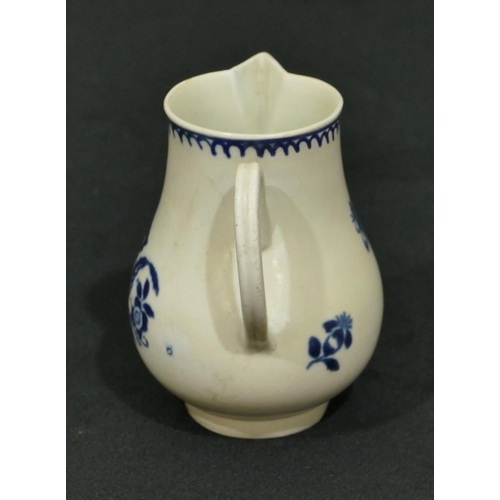 147 - An 18th Century Worcester blue and white round bulbous sparrow beak jug with floral and insect decor... 