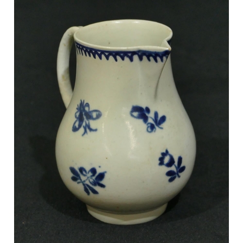 147 - An 18th Century Worcester blue and white round bulbous sparrow beak jug with floral and insect decor... 