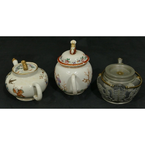 153 - A Chinese round bulbous shaped teapot on white ground with cover and multi-coloured vase, torchere, ... 