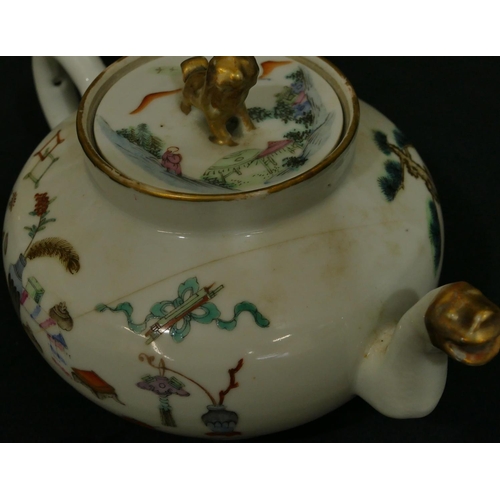 153 - A Chinese round bulbous shaped teapot on white ground with cover and multi-coloured vase, torchere, ... 