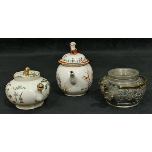 153 - A Chinese round bulbous shaped teapot on white ground with cover and multi-coloured vase, torchere, ... 