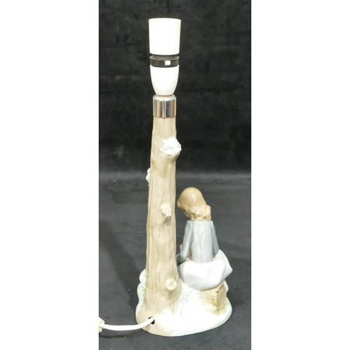 159 - A Nao group table lamp in the form of a young seated girl holding rabbits, 38.5cm high overall