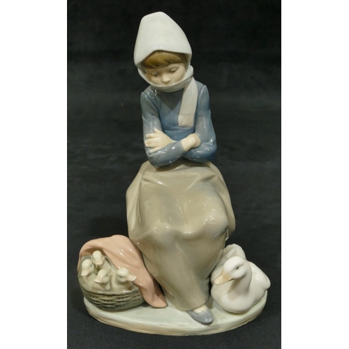 166 - A Lladro figure of a young seated lady with duck and ducklings at her feet, 20cm high