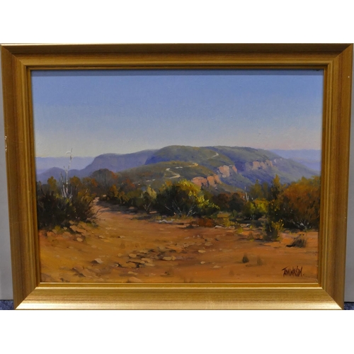 185 - John Wilson oil on board depicting hilltop path, signed, in gilt frame, 25 x 32cm.