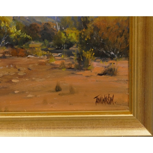 185 - John Wilson oil on board depicting hilltop path, signed, in gilt frame, 25 x 32cm.