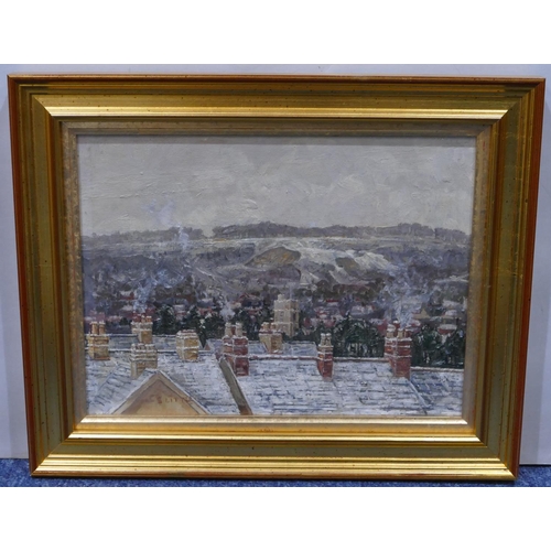 186 - S Little oil on board depicting rooftops, signed, in gilt frame, mounted under glass, 22 x 30cm.