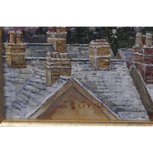 186 - S Little oil on board depicting rooftops, signed, in gilt frame, mounted under glass, 22 x 30cm.