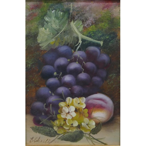 188 - Oil on board still life of grapes and peach, indistinctly signed, in gilt frame, 29.5 x 19cm.