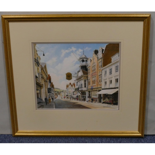 190 - Dennis Chinnery watercolour depicting Guildford cobbled high street, signed, in gilt frame, 26 x 31.... 