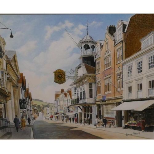 190 - Dennis Chinnery watercolour depicting Guildford cobbled high street, signed, in gilt frame, 26 x 31.... 