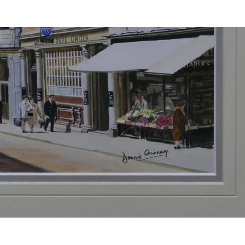 190 - Dennis Chinnery watercolour depicting Guildford cobbled high street, signed, in gilt frame, 26 x 31.... 