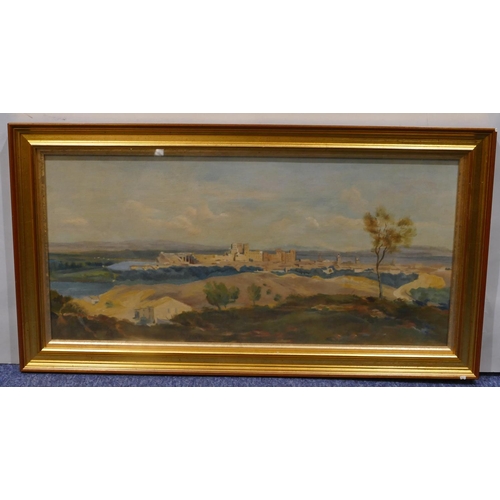 192 - An oil on board depicting Continental town on hilltop with lake in background, unsigned, in gilt fra... 