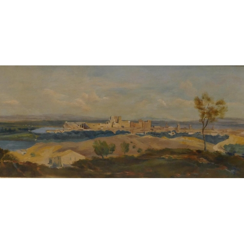 192 - An oil on board depicting Continental town on hilltop with lake in background, unsigned, in gilt fra... 