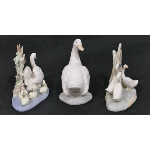 23 - A Lladro group of swan and signets, 16cm wide, a Nao group of 3 ducks and another similar Nao figure... 