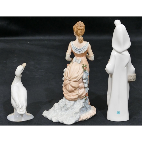 35 - A Lladro figure of a young girl in nightdress, 22cm high, a small Lladro figure of a goose, a Coalpo... 