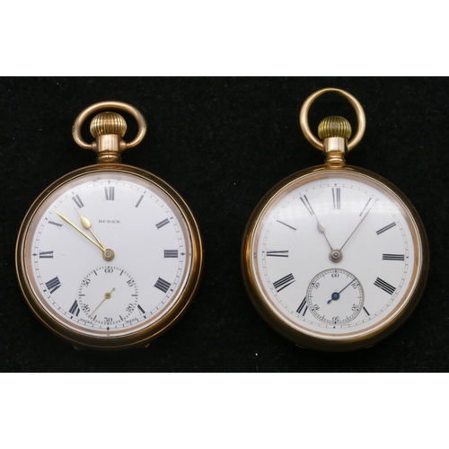 673 - A gold plated pocket watch with white enamel dial and second dial (cracked, working), a Buren open f... 