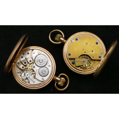 673 - A gold plated pocket watch with white enamel dial and second dial (cracked, working), a Buren open f... 